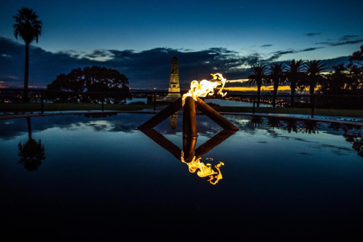 A wide shot of the flame of remembrance at the state war memorial in Kings Park