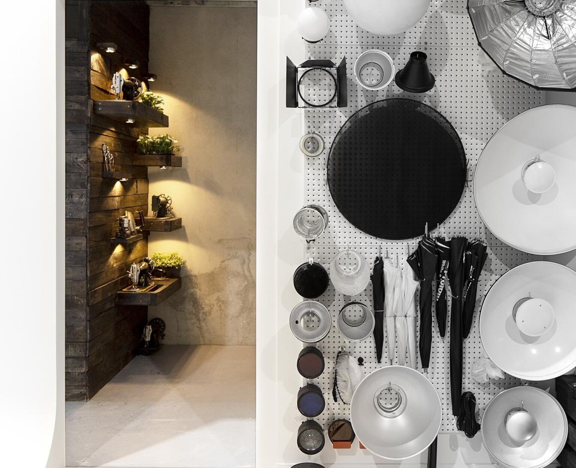 A wall of equipment and props shot inside of M Studios. One of Perth's best content studios for social media content.