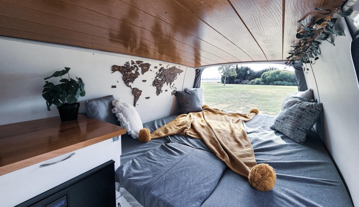 A wide shot view of the inside of the Navetica campervan. One of WA's most instaworthy campervans