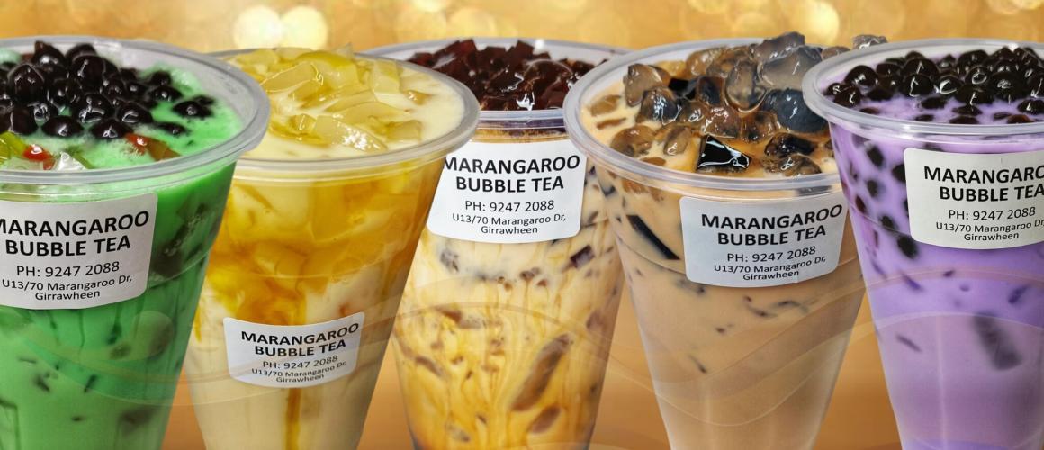 Five different boba flavours from Bubble Tea Marangaroo lined up. One of Perth's best bubble tea spots