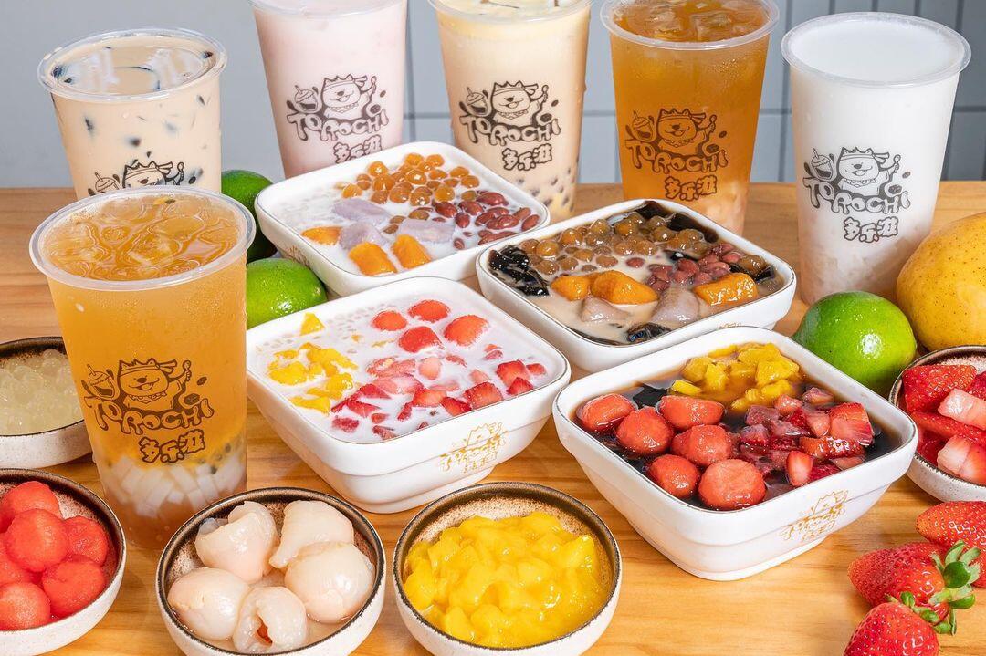 A selection of desserts and bubble teas sit on a bench at Torochi, one of Perth's bubble tea stores