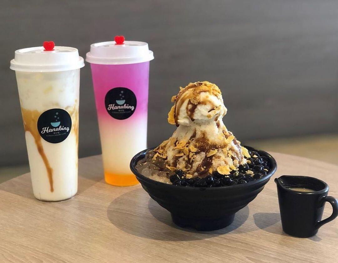 Two bobas and a dessert sit on a bench at Hana Bing, one of Perth's best bubble tea stores