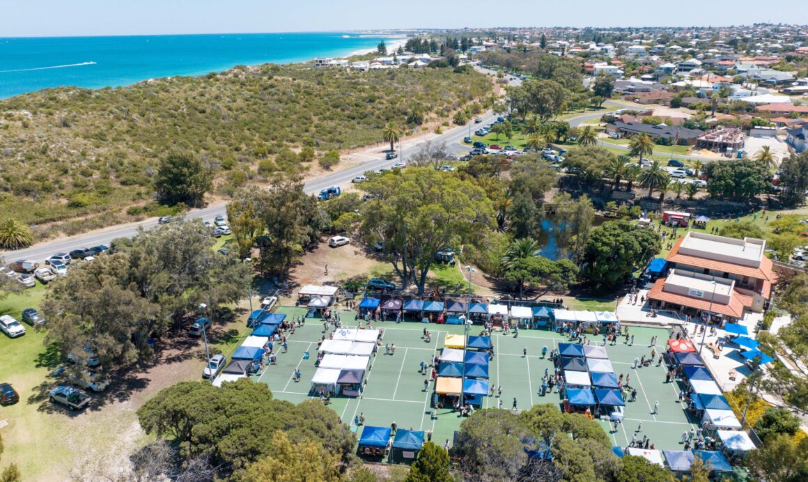 A drone image showing the whole layout of Markets by the Sea in Perth in Kallaroo.