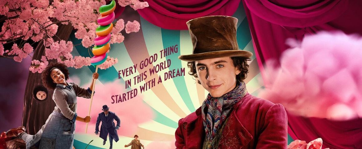 A still from Wonka showing Willy Wonka and Noodle