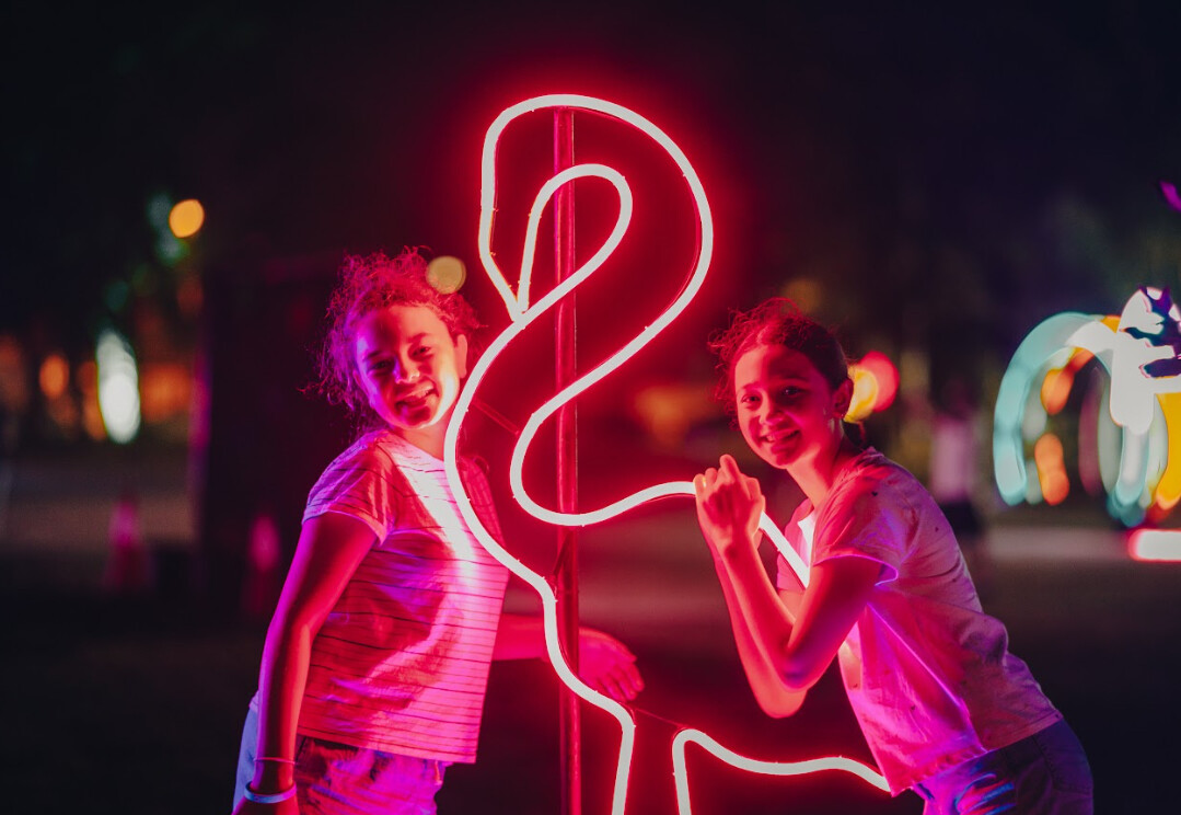 Two young girls pose with a neon flamingo