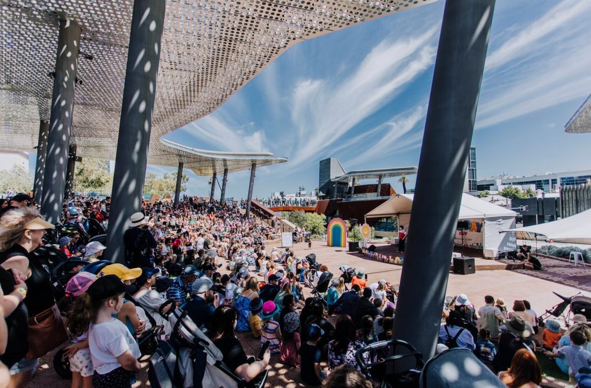 A wide shot of the Yagan Square Amphitheatre with a full crowd