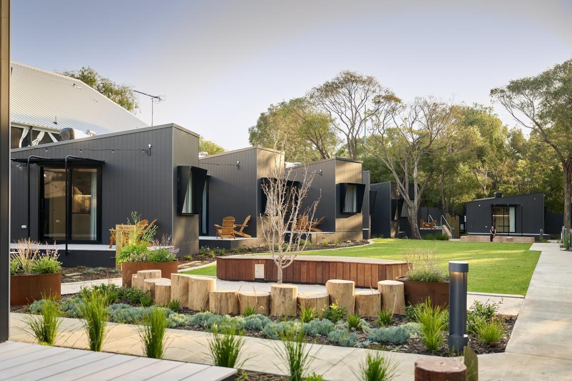 A wide view shot of the Southcamp cabins and apartments in Dunsborough 