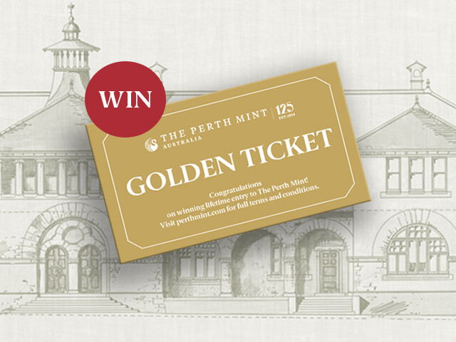 A graphic showing the golden ticket that can be won by visiting the Perth Mint during their 125th anniversary