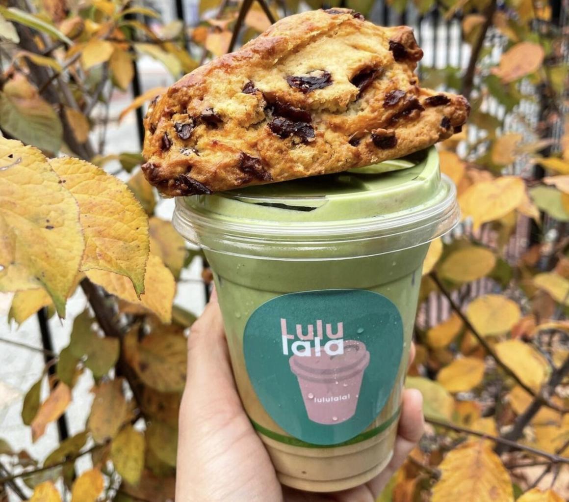 A pastry sits on top of a matcha latte from Lulu Lala in Perth