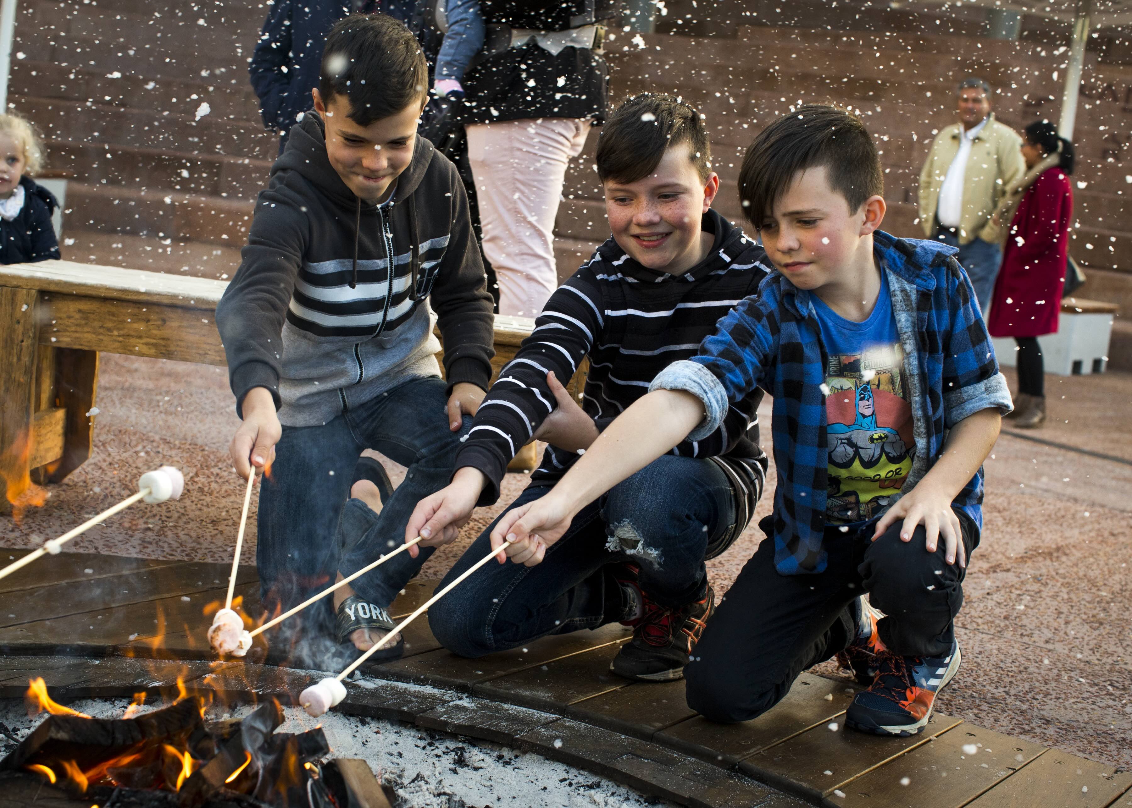 Three boys roasting marshmallows under falling snow