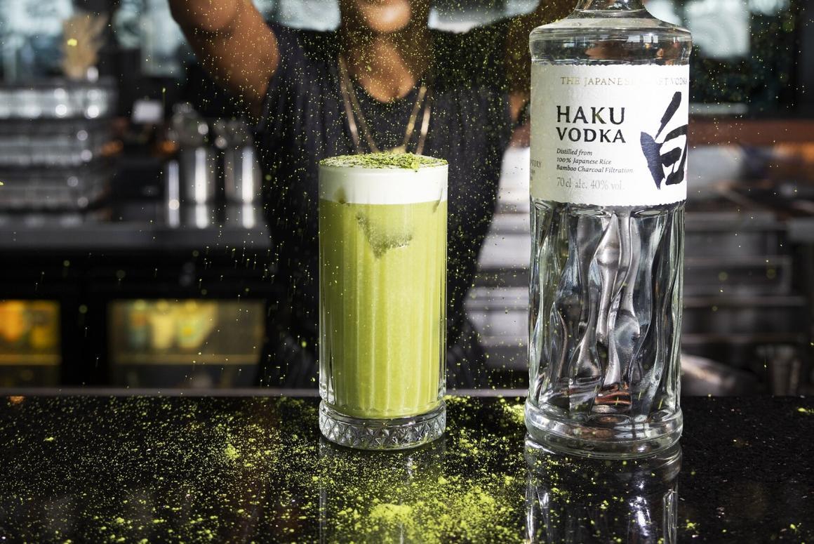 A matcha cocktail being made at Rooftop at QT's Zen Garden