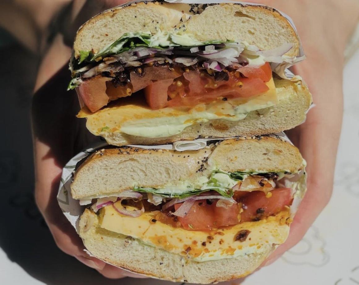 A cut in half bagel from Deli Gabe. One of Perth's best bagel spots