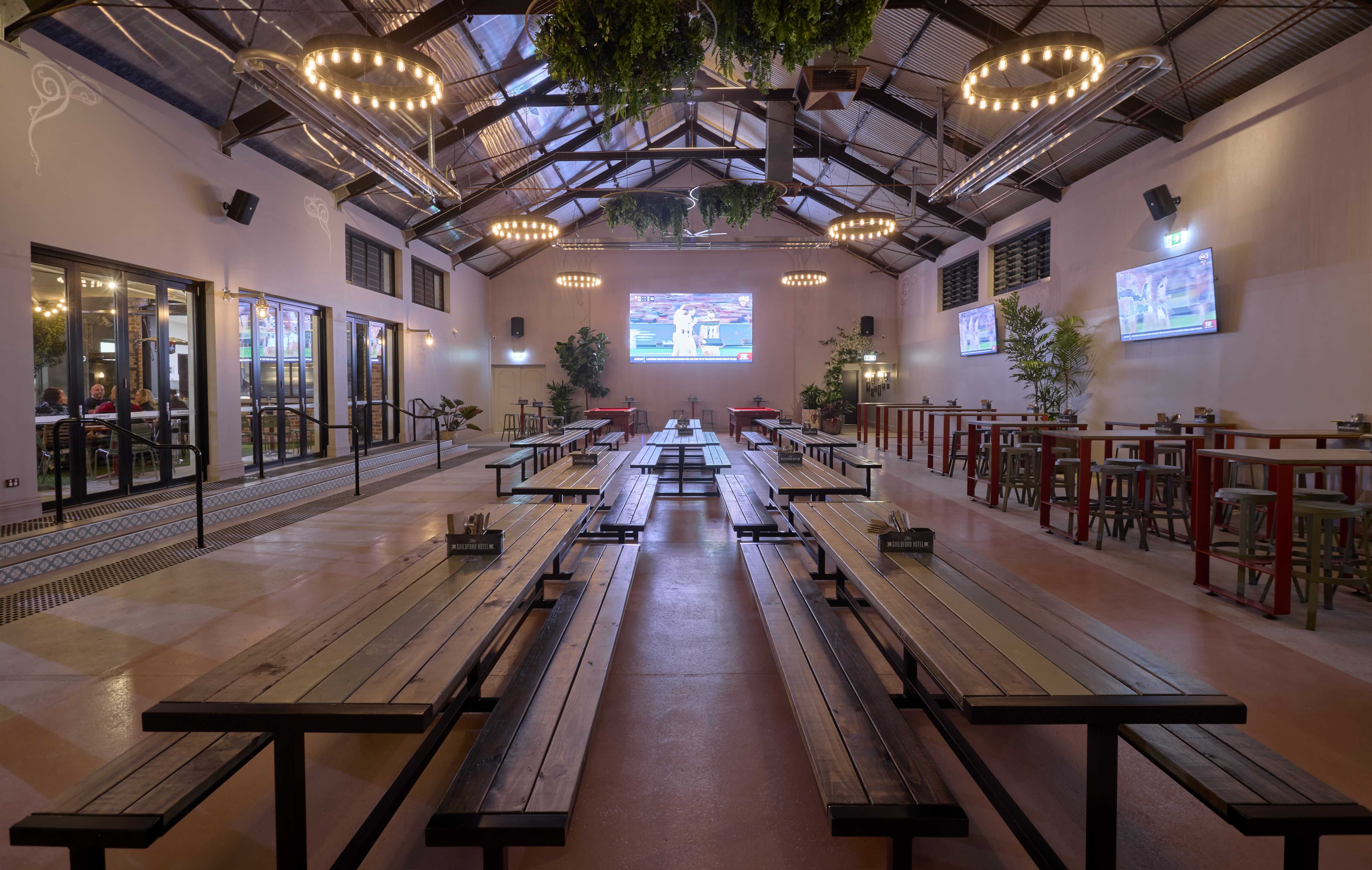 A wide shot of the inside of the Vaudeville Hall at Perth's Guildford Hotel