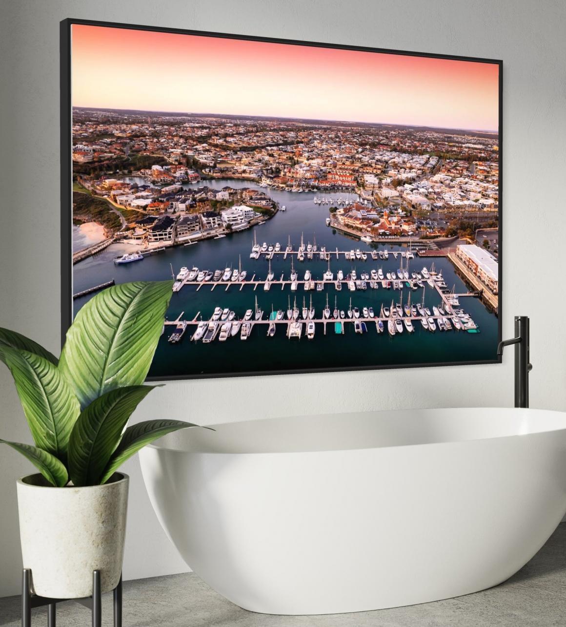 One of Nick Bennett of Tailwinds Aerial Medias drone photographs on display