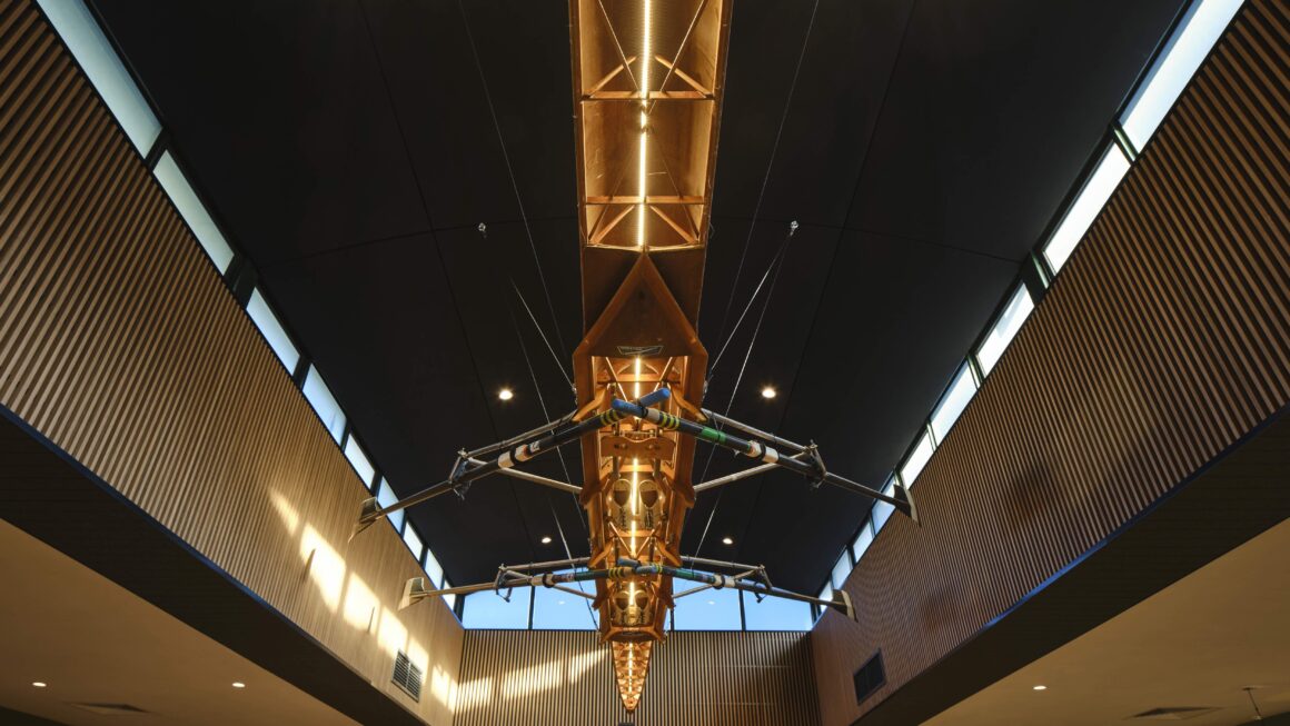 The indoor area of the Bayswater Hotel showing an old rowing boat on the ceiling added during their new renovation