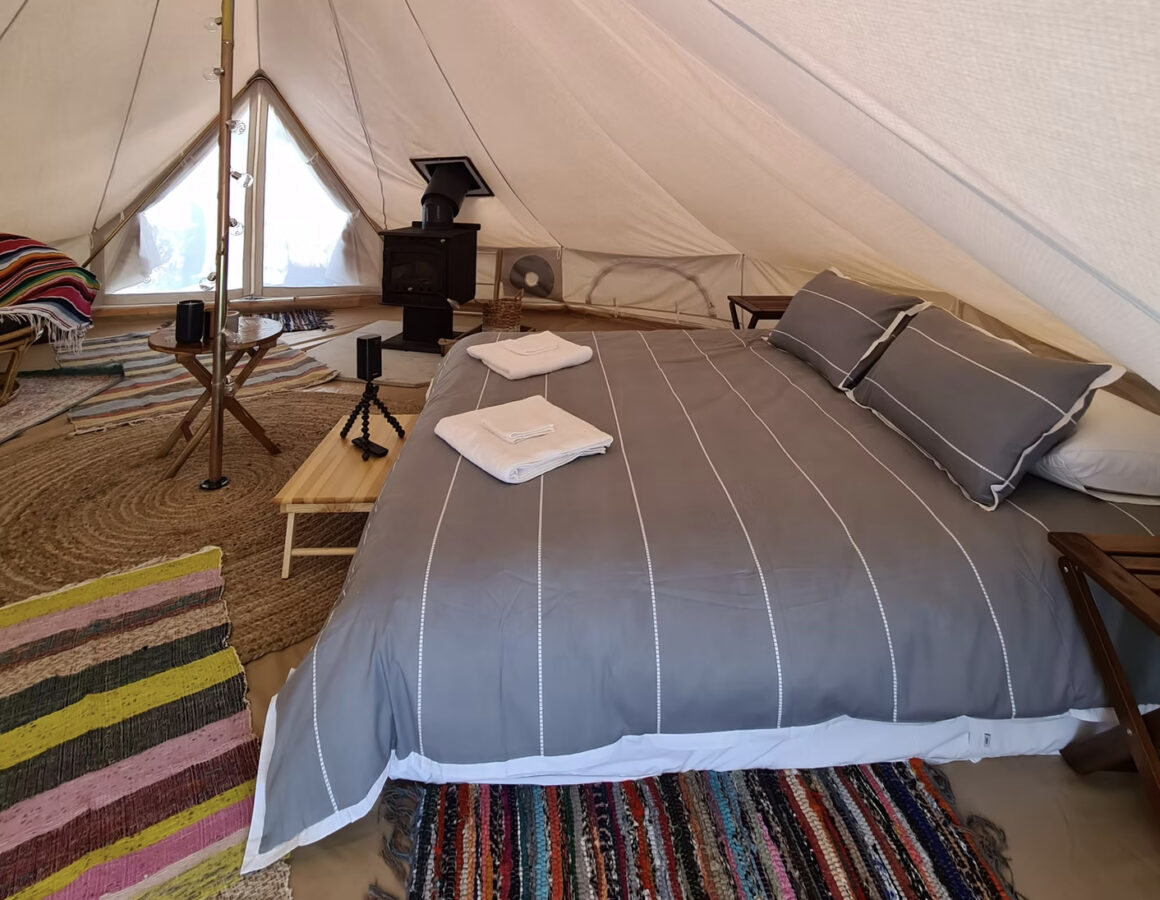 Inside of the stargazers glamping tent down south