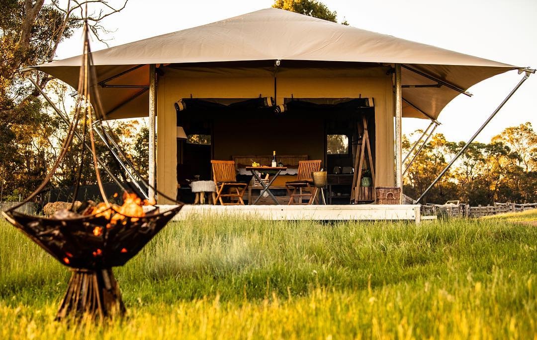 Two Blinds Cow glamping tent with an outdoor fire down south